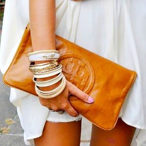 Tory Burch Reva Bombe' Brown (“Luggage”) Leather Clutch